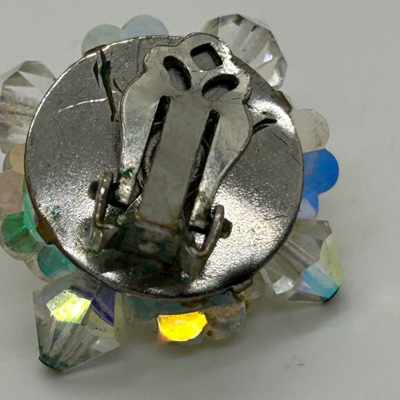 Vintage Aurora Borealis Earrings Crystal Flower Cluster Clip-On 1950-1960s - Picture 11 of 14